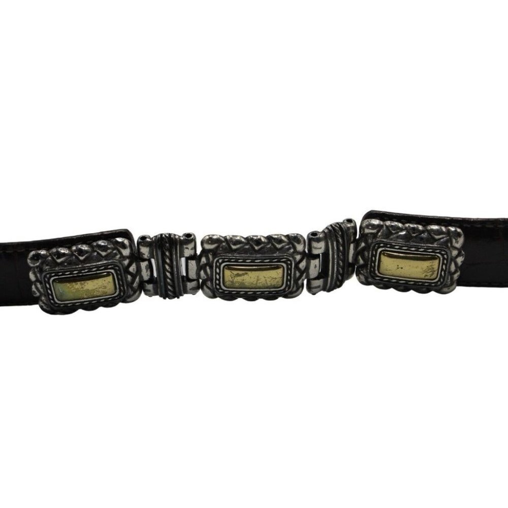 Brighton Brown Croc Grain Leather Silver Gold Hinged Belt #44209 Size M - Picture 8 of 9